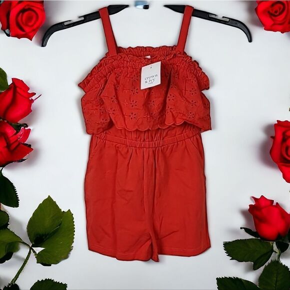 Crown & Ivy Girls Size 5 Red Eyelet Lace Ruffled Knit Romper NWT Summer Clothes - Picture 1 of 8